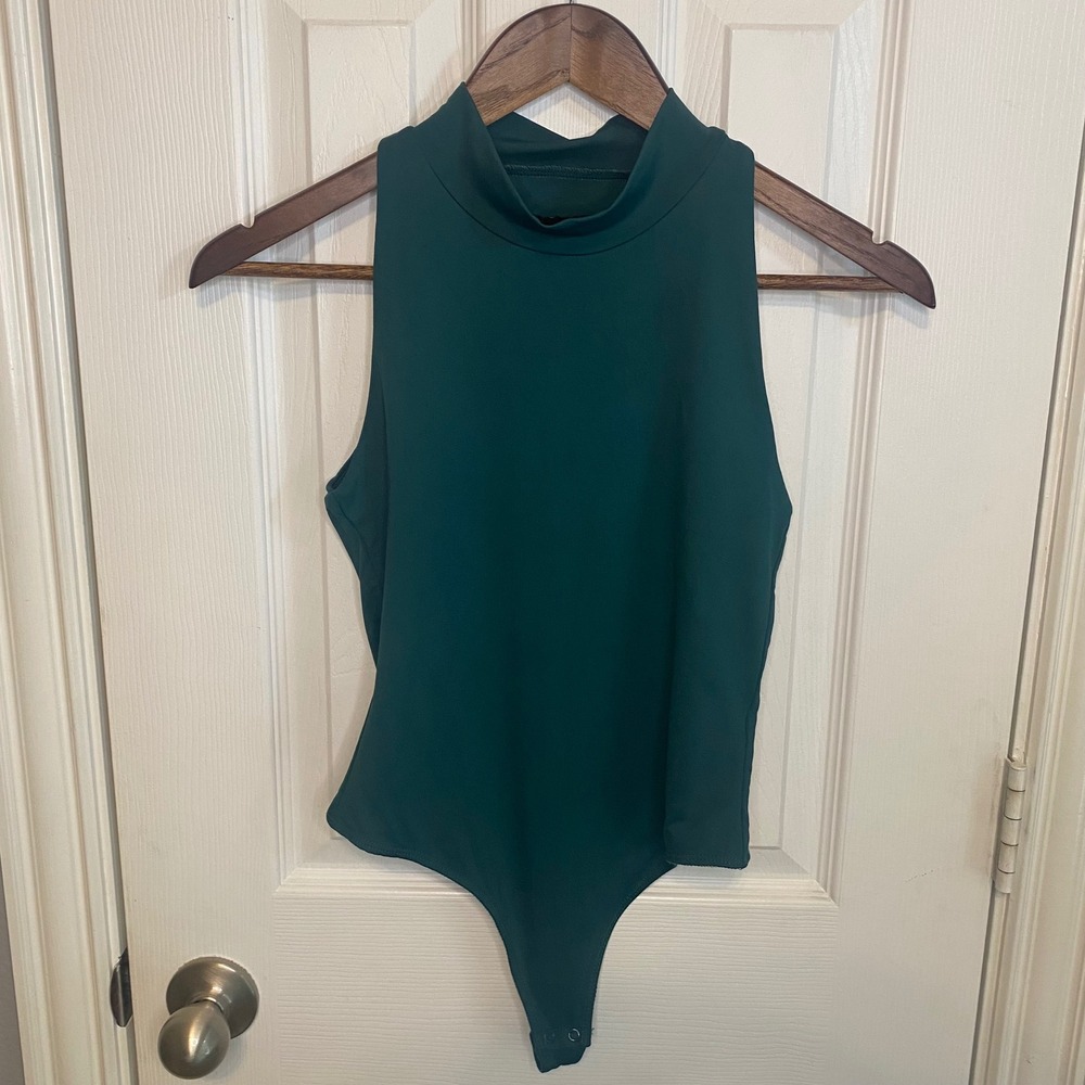 House‎ of Harlow 1960 Mock Neck Bodysuit Forest Green Ribbed Sleeveless Medium